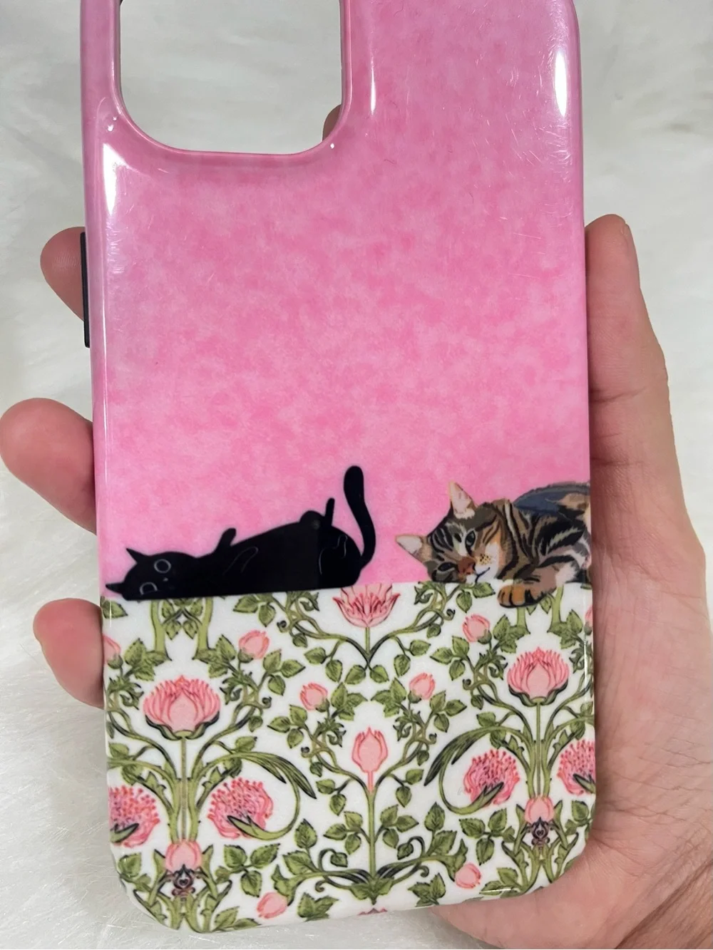 Whimsical Pink Cat Pattern Phone Case with Floral Accent
